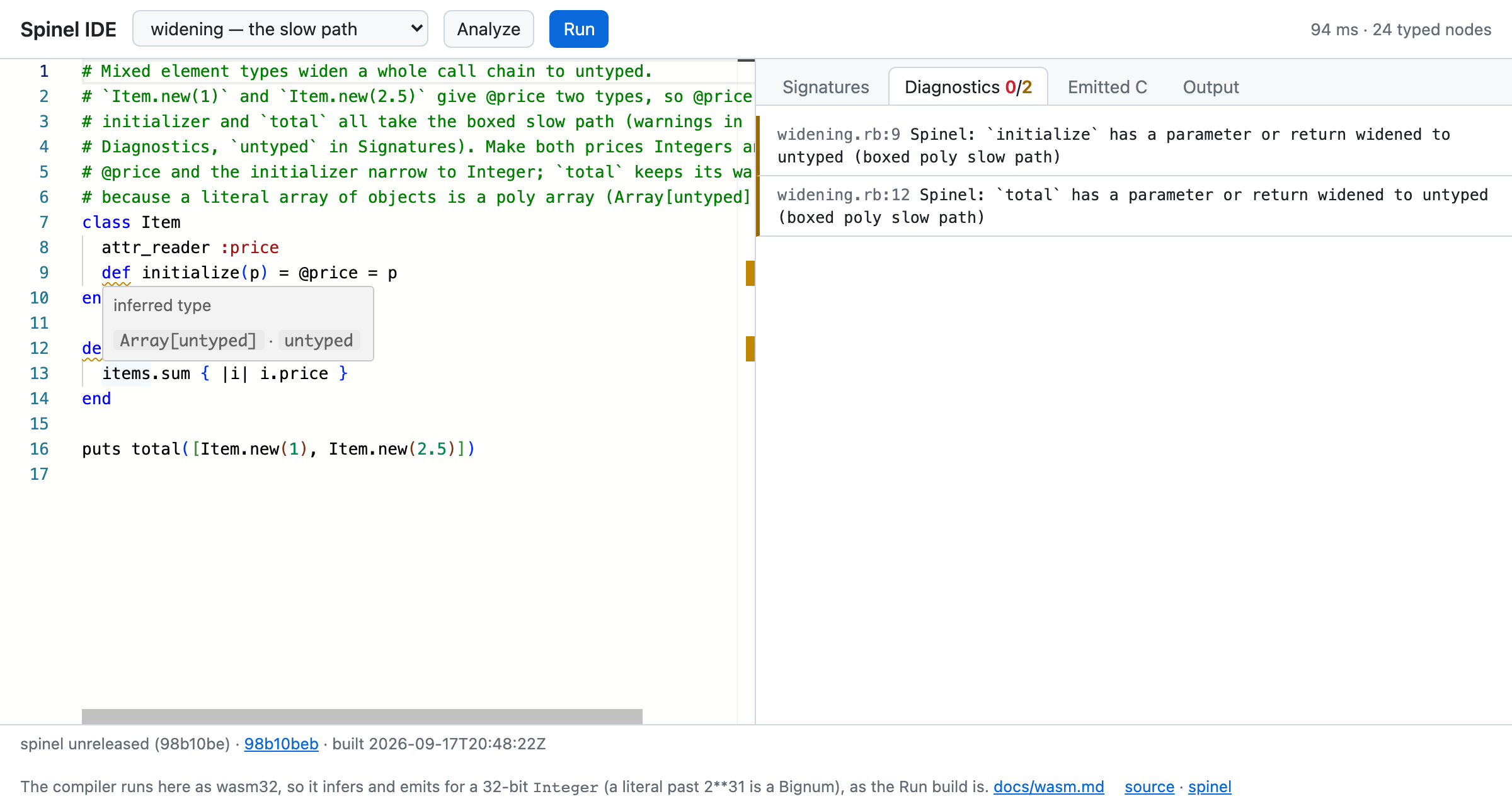 The Spinel IDE on the widening sample: a hover on items shows Array[untyped] · untyped, and the Diagnostics tab lists the two methods that took the slow path